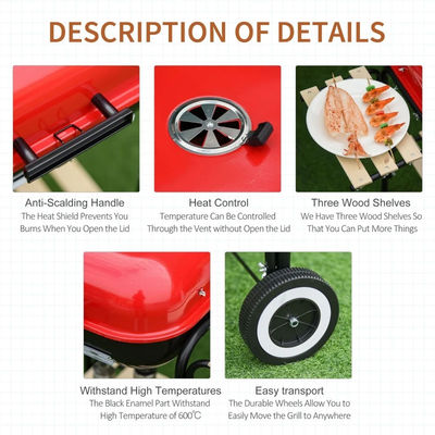 Outdoor Camping 18in Portable Charcoal Grill With Two Side Tables and Wheels Rectangular