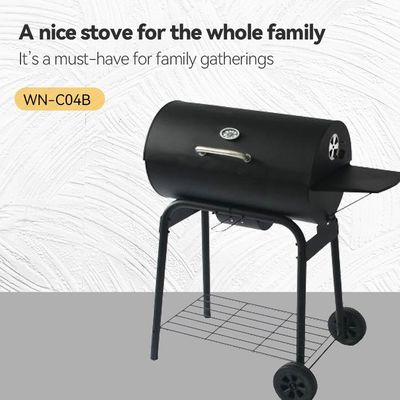 Smokeless Barrel Smoker BBQ Grill with Piezoelectric Ignition and Convenient Table