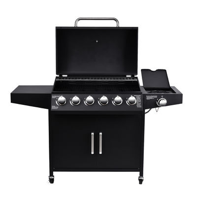 Trolley and Side Burner Included Black 6 Burner 70000Btu Outdoor Gas Smoker BBQ Grill