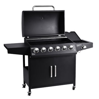 Trolley and Side Burner Included Black 6 Burner 70000Btu Outdoor Gas Smoker BBQ Grill