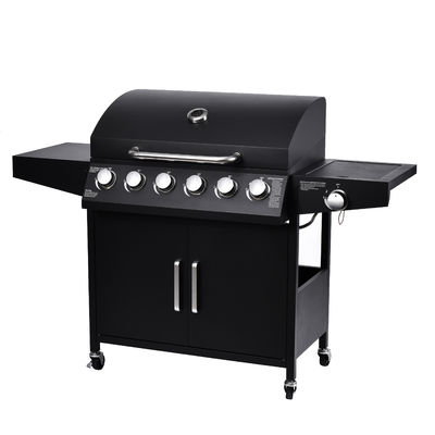 Trolley and Side Burner Included Black 6 Burner 70000Btu Outdoor Gas Smoker BBQ Grill