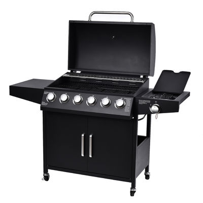 Trolley and Side Burner Included Black 6 Burner 70000Btu Outdoor Gas Smoker BBQ Grill