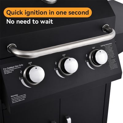 High Temp Powder Coated 3 Burner Gas Grill with 2 Foldable Side Board Natural Gas